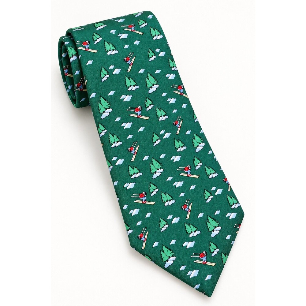 Vineyard Vines Men’s Silk Tie Green Skiing Skier Snow Trees Winter Novelty Santa